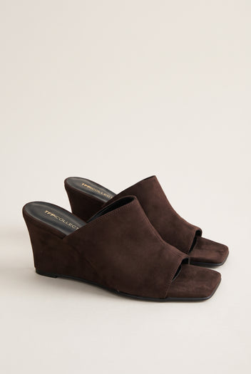 Wedge Heel Mules Square Toe - Brown Suede