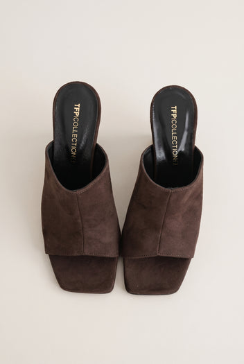 Wedge Heel Mules Square Toe - Brown Suede