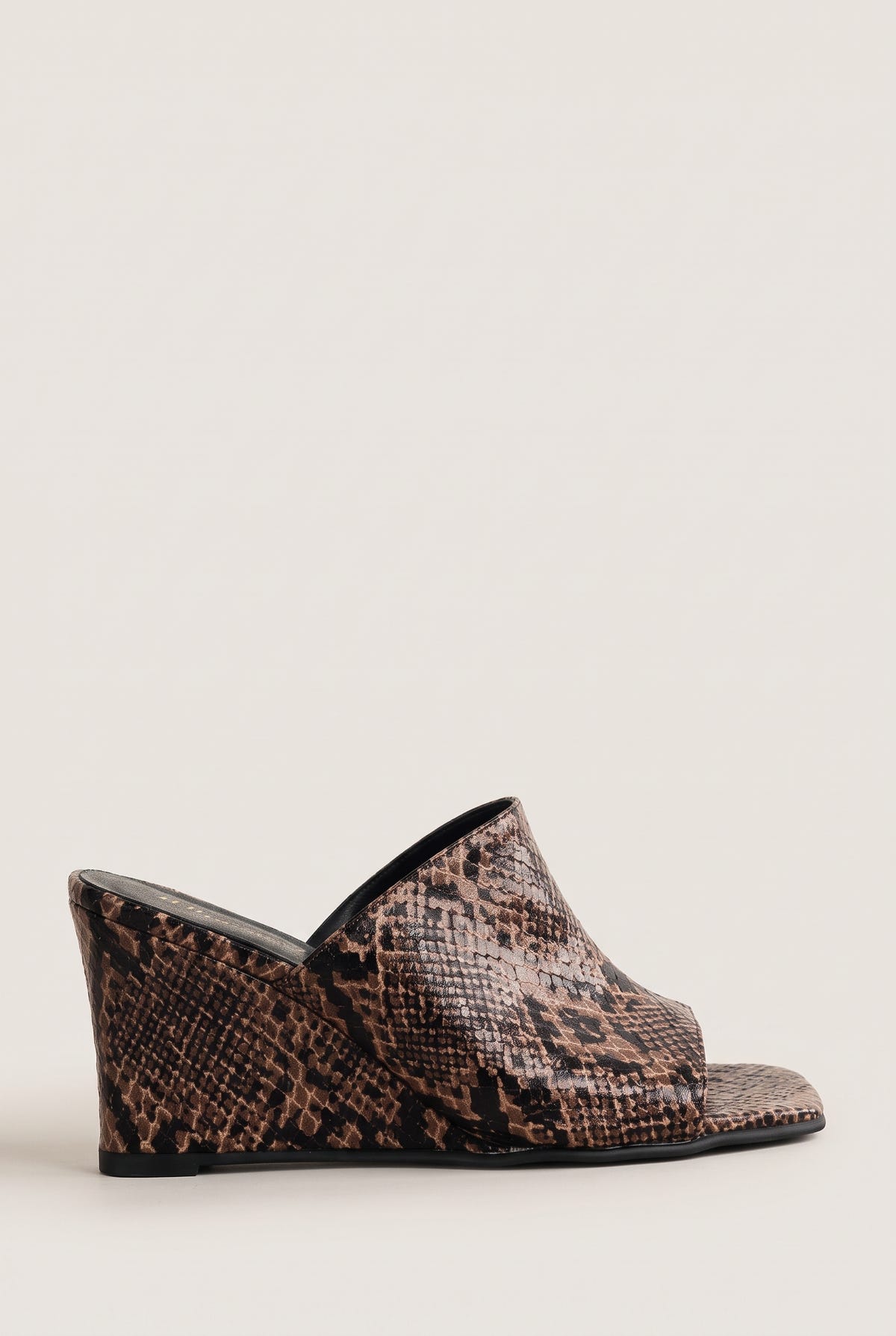 Wedge Heel Mules Square Toe - Brown Snake Print