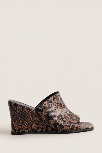 Wedge Heel Mules Square Toe - Brown Snake Print