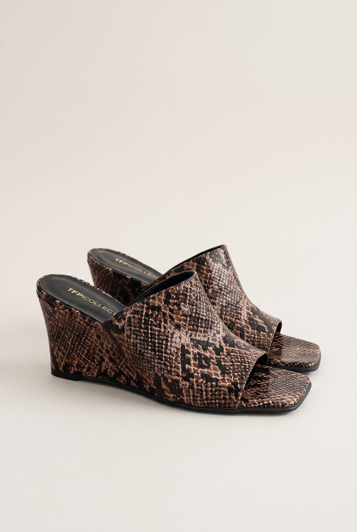 Wedge Heel Mules Square Toe - Brown Snake Print