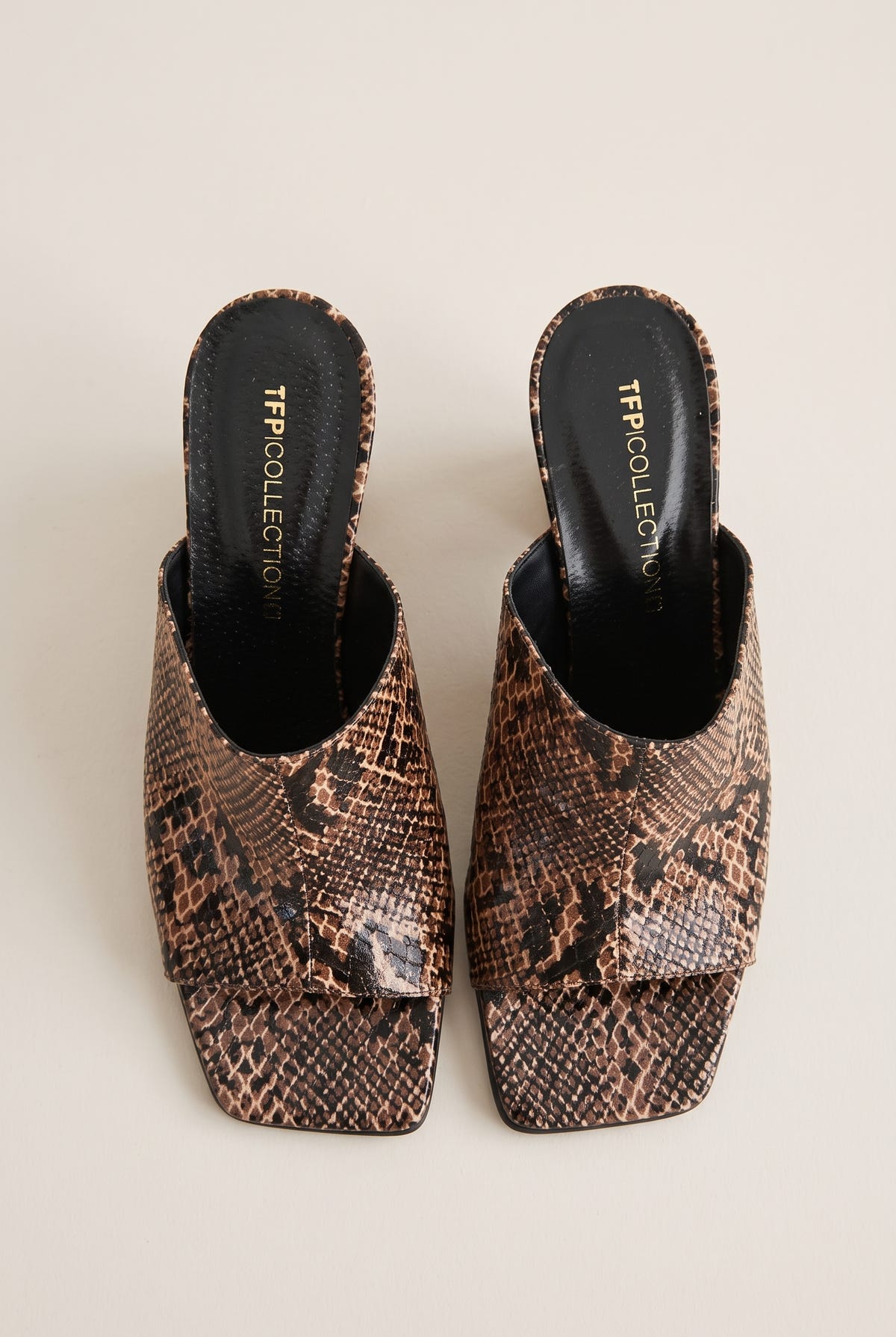 Wedge Heel Mules Square Toe - Brown Snake Print