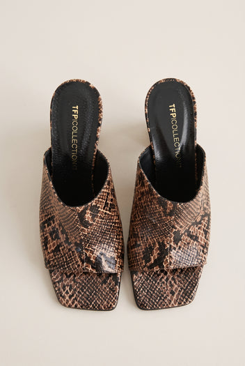 Wedge Heel Mules Square Toe - Brown Snake Print