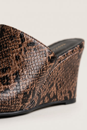 Wedge Heel Mules Square Toe - Brown Snake Print