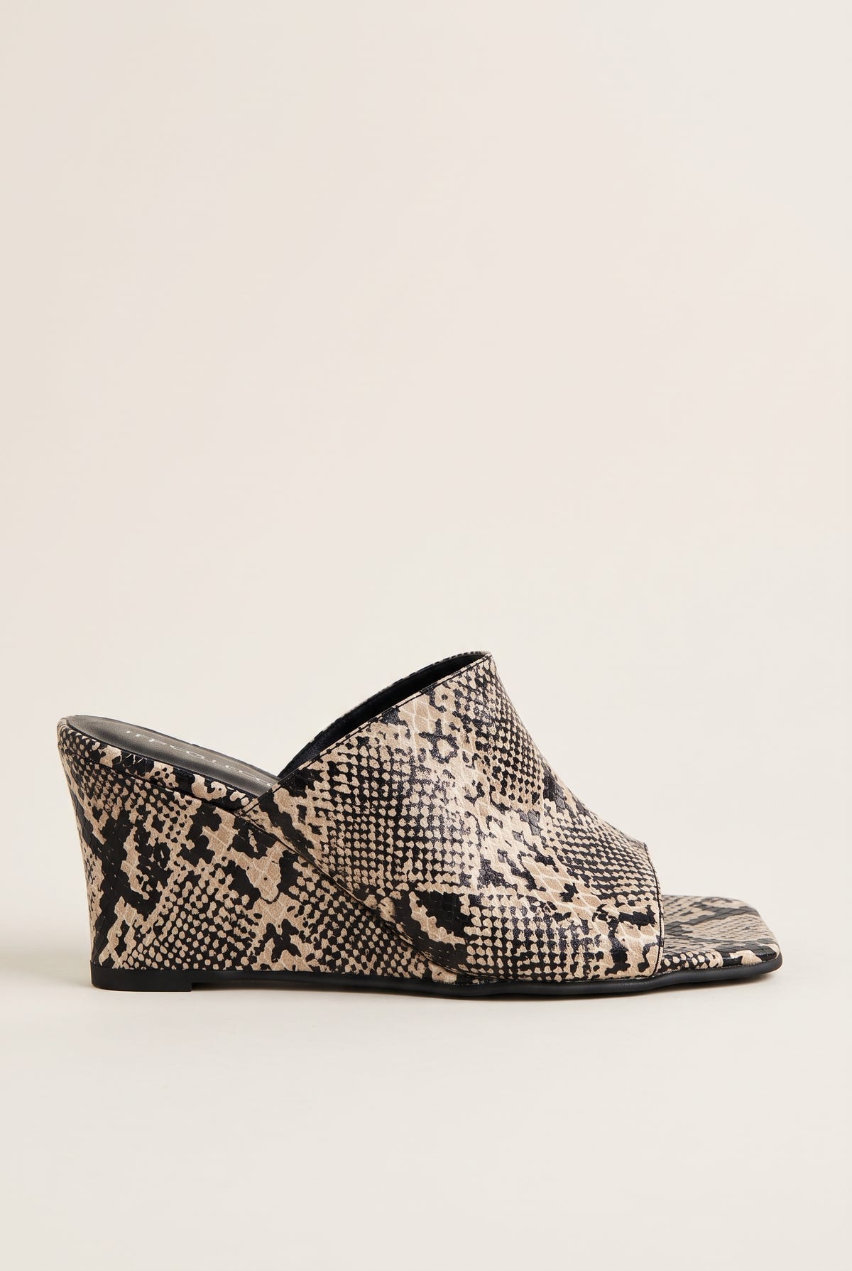 Wedge Heel Mules Square Toe - Beige Snake Print