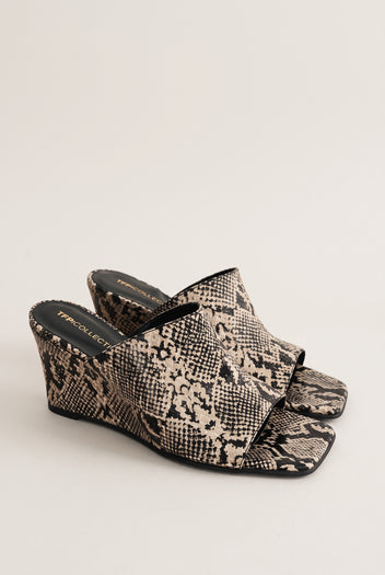 Wedge Heel Mules Square Toe - Beige Snake Print