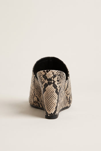 Wedge Heel Mules Square Toe - Beige Snake Print