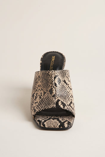 Wedge Heel Mules Square Toe - Beige Snake Print