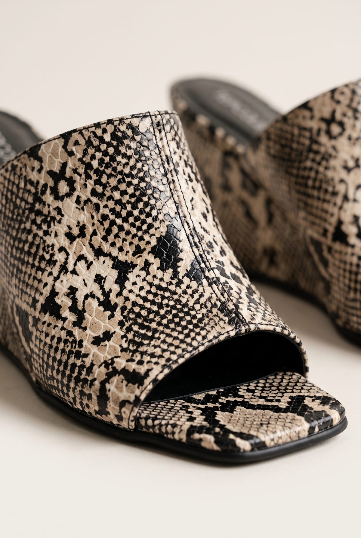Wedge Heel Mules Square Toe - Beige Snake Print