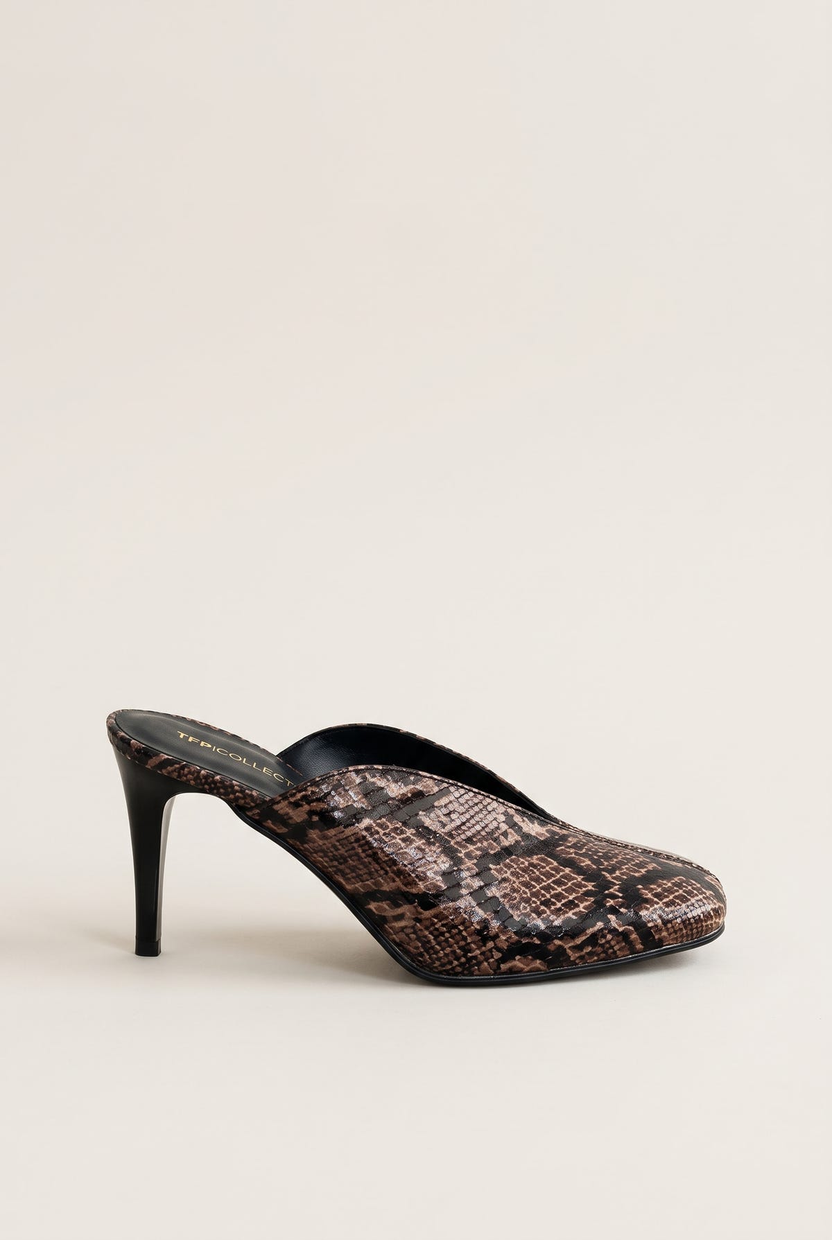 side view of one brown snake print stiletto mule with a square toe and slim heel