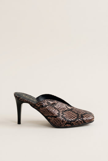 side view of one brown snake print stiletto mule with a square toe and slim heel