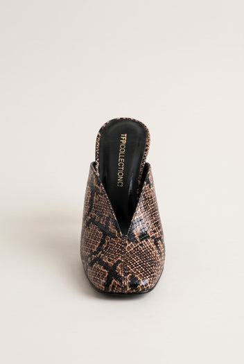 front view of one brown snake print mule with a square toe and black lining visible inside