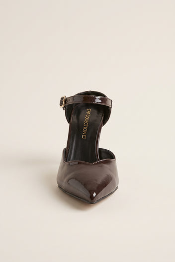 Stiletto Heel Mules D'Orsay - Brown Patent