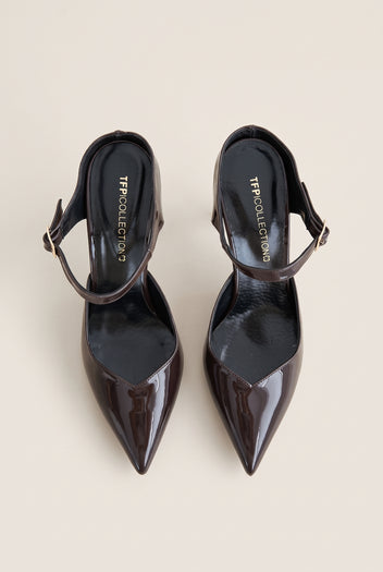 Stiletto Heel Mules D'Orsay - Brown Patent