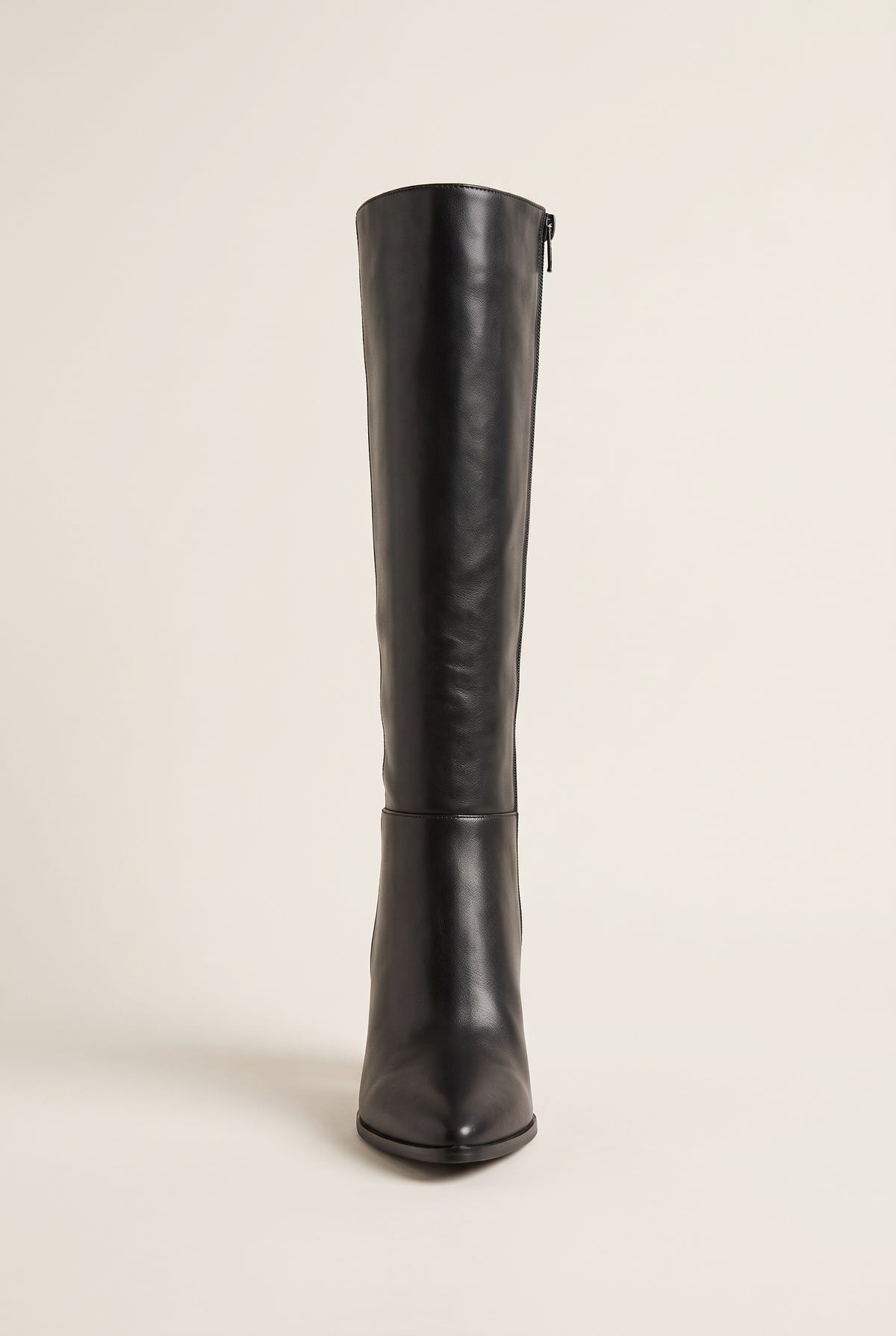 Front view of a black leather knee-high boot with pointed toe, slim shaft and side zip at the top