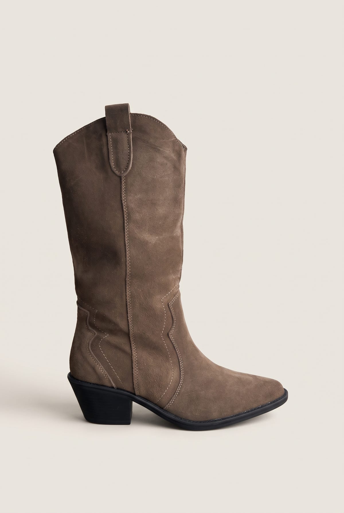 Taupe suede cowboy boot with pointed toe, block heel and top pull tab, side view