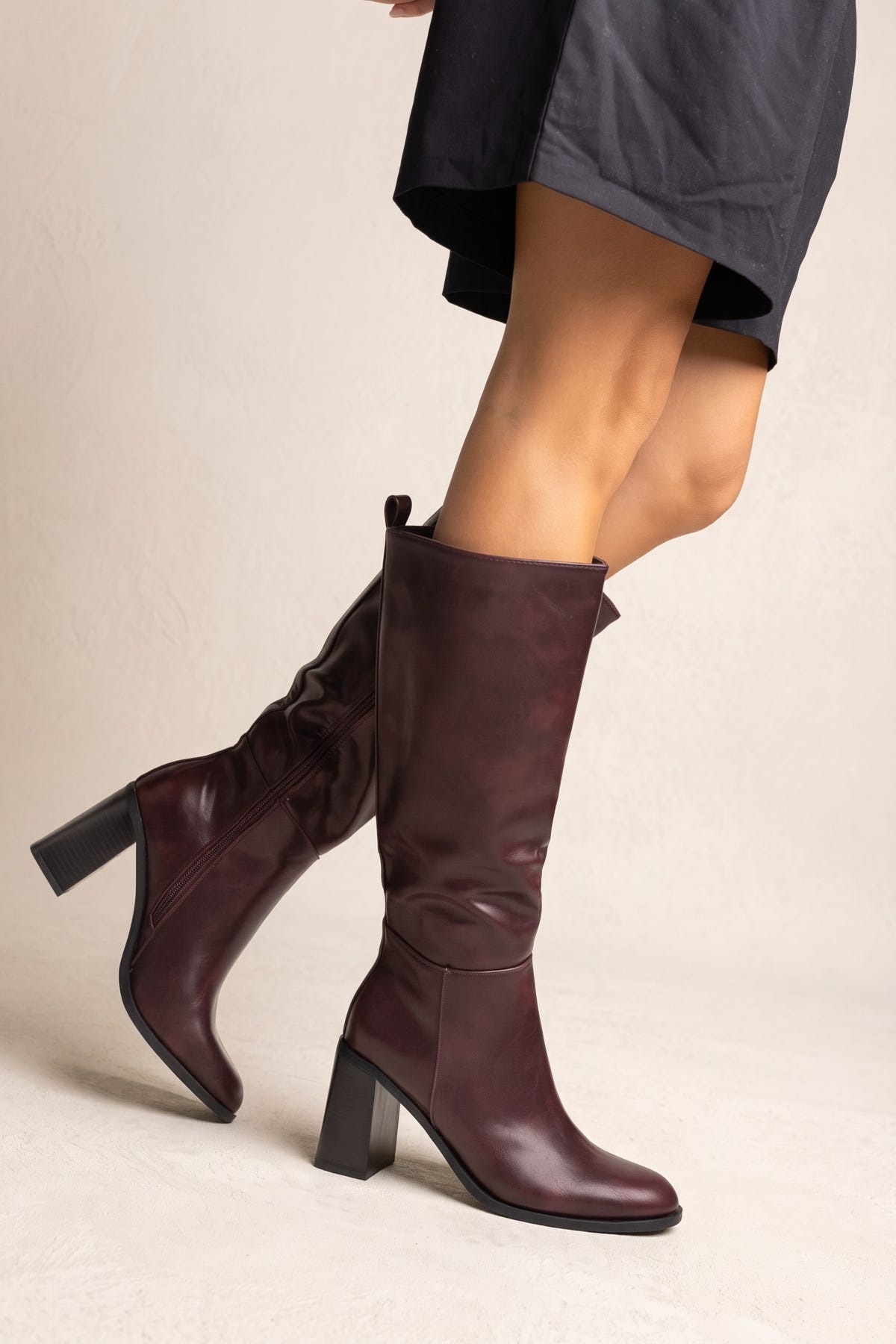 Block Heel Boots - Wine Matte