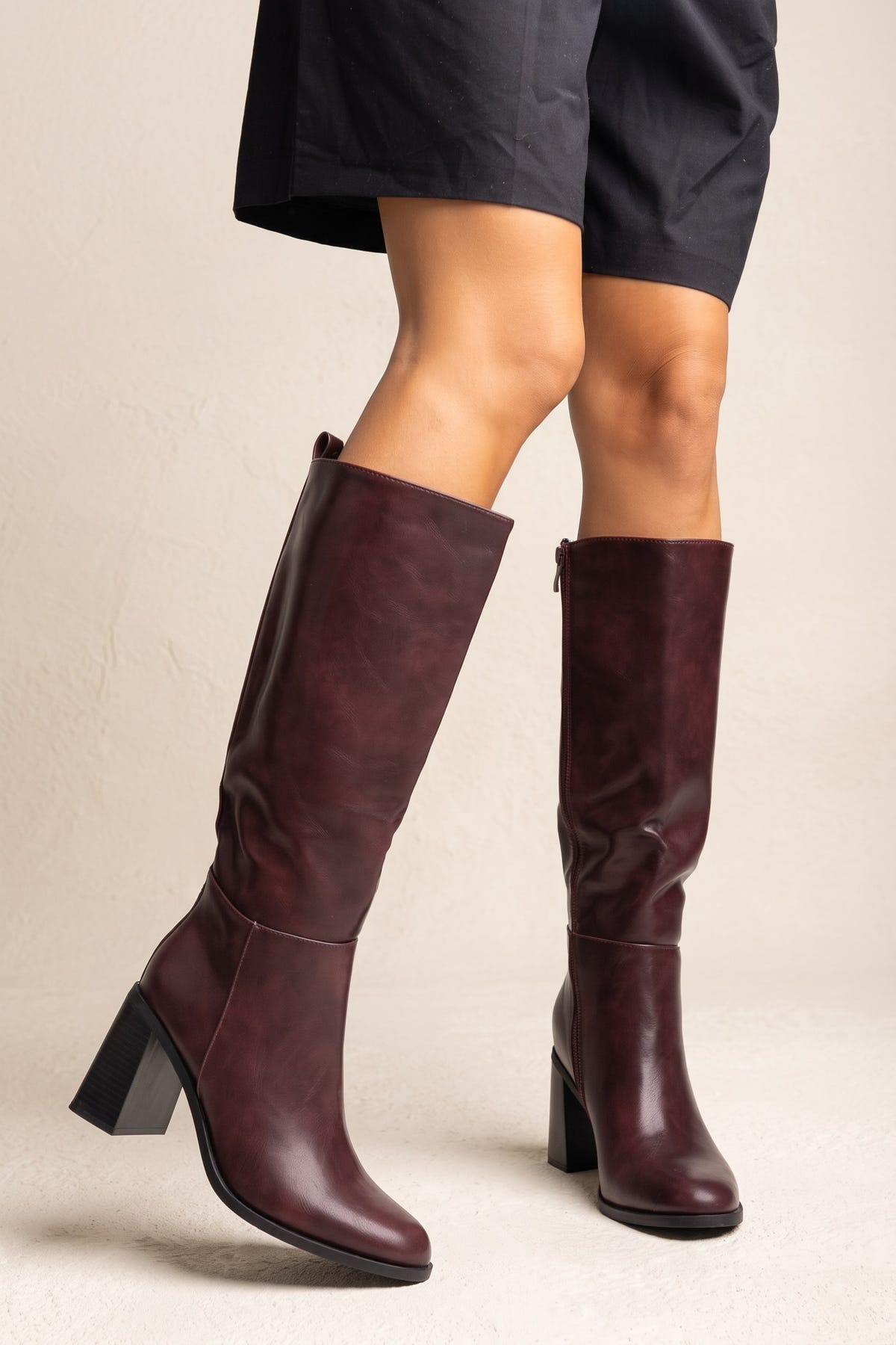 Block Heel Boots - Wine Matte