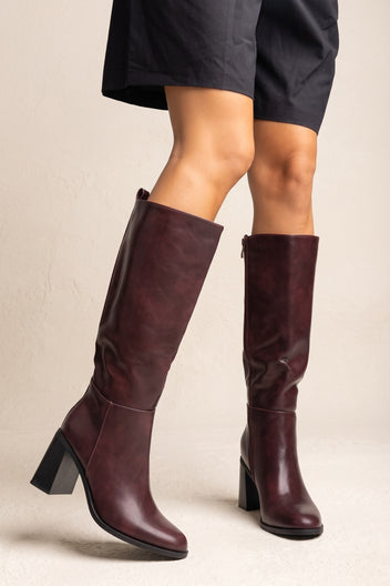 Block Heel Boots - Wine Matte