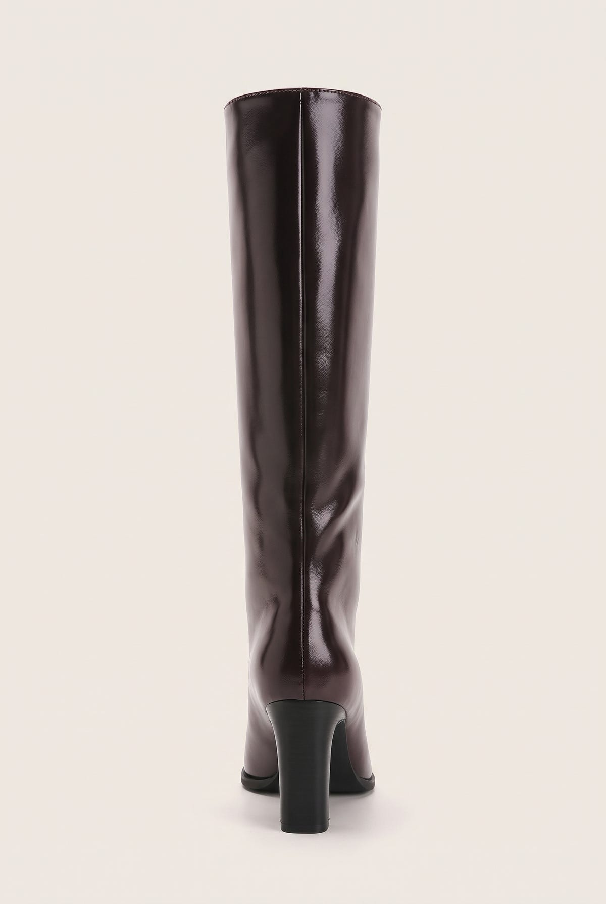 Back view of a tall dark brown knee-high boot showing the central seam and short black block heel