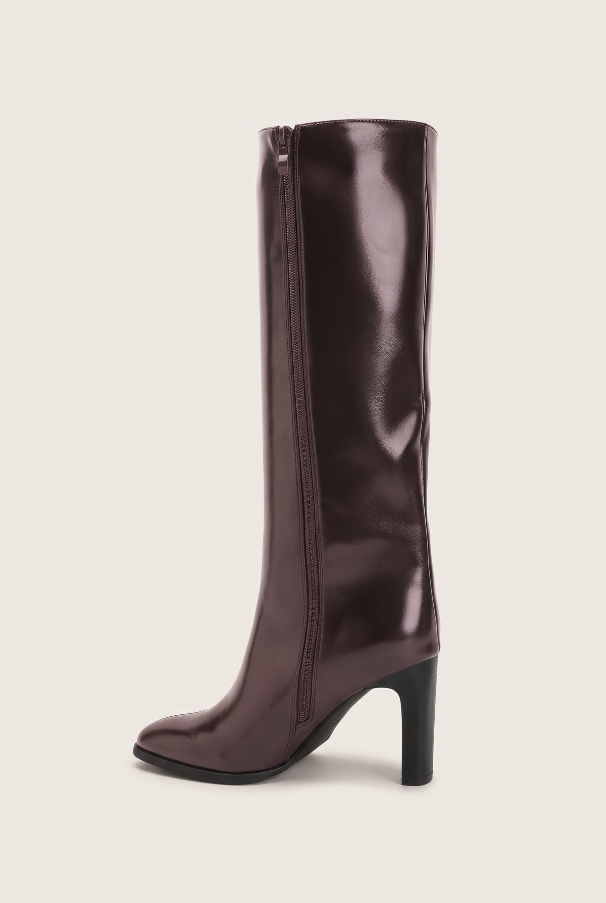 Single dark brown knee-high block heel boot in side view showing the tall shaft, slim pointed toe and vertical back zip