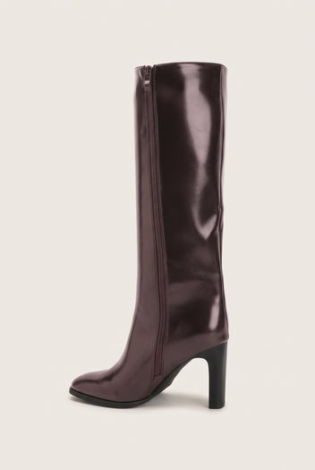 Single dark brown knee-high block heel boot in side view showing the tall shaft, slim pointed toe and vertical back zip