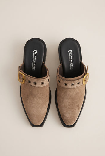 Clogs Buckle Strap - Beige Suede
