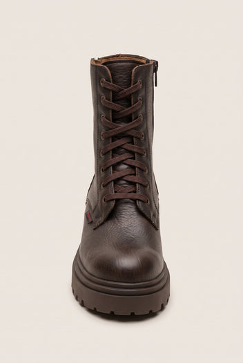 Front view of brown matte combat boot with laces running up the shaft and rounded toe