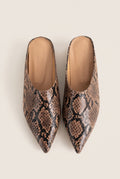 Top view of a pair of brown python snake-effect pointed toe mules with tan leather insoles