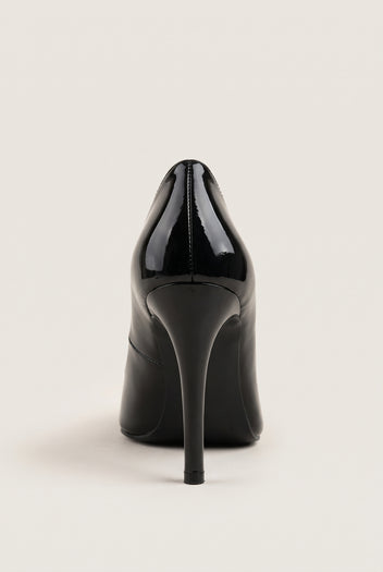 Back view of a black patent pointed-toe pump with a tall stiletto heel and smooth glossy heel counter