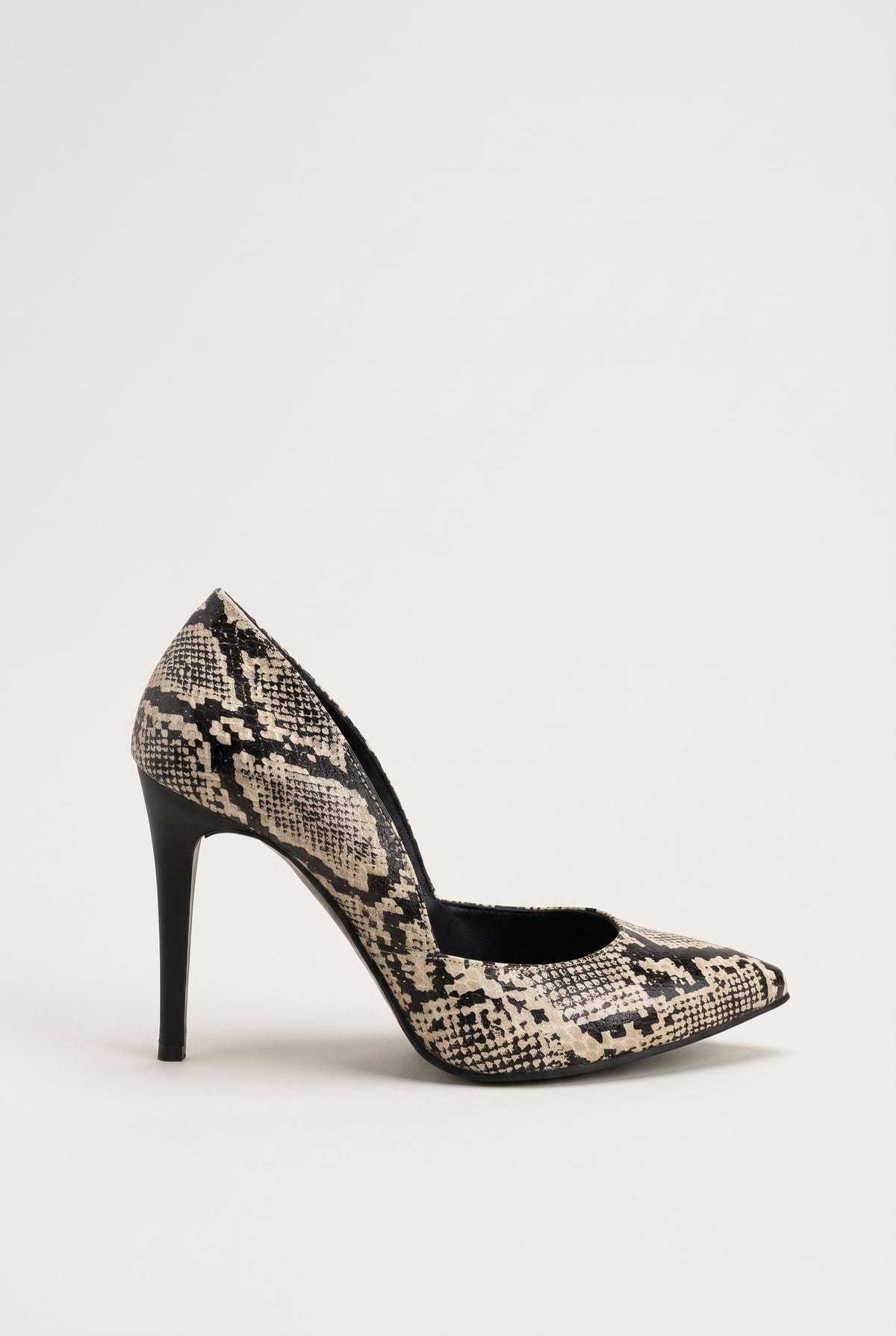 Side view of an ivory and black snake-print pointed-toe pump with a cut-away side and a tall slim heel