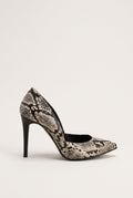 Side view of an ivory and black snake-print pointed-toe pump with a cut-away side and a tall slim heel