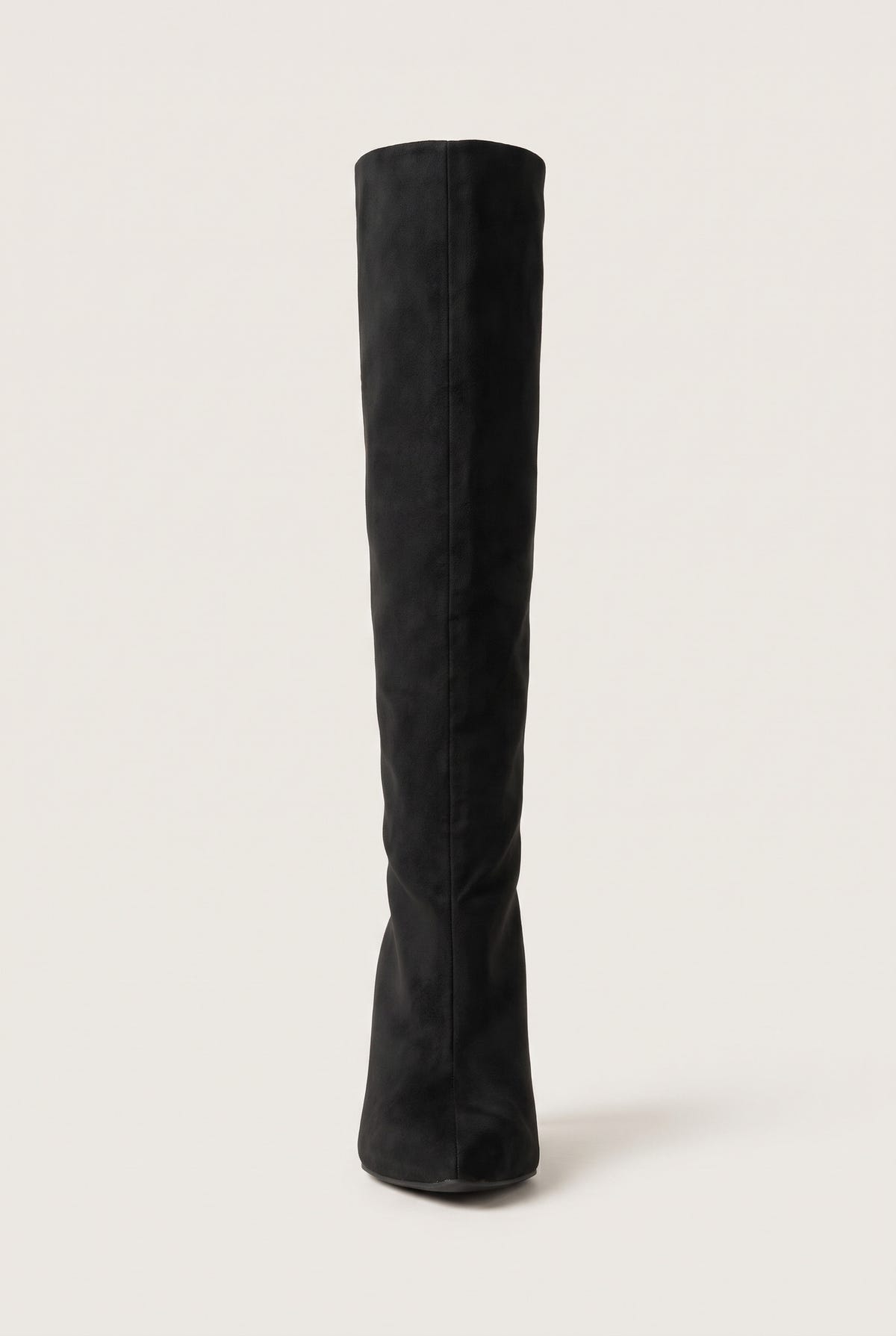 Front view of black suede knee high boot with a slim straight shaft and clean top edge