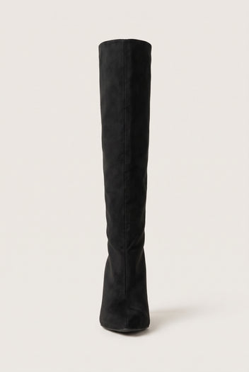 Front view of black suede knee high boot with a slim straight shaft and clean top edge