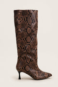 Single brown snake print knee-high boot with pointed toe and slim heel, side view standing upright