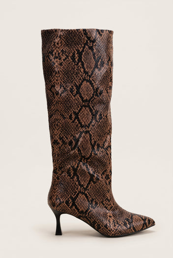 Single brown snake print knee-high boot with pointed toe and slim heel, side view standing upright