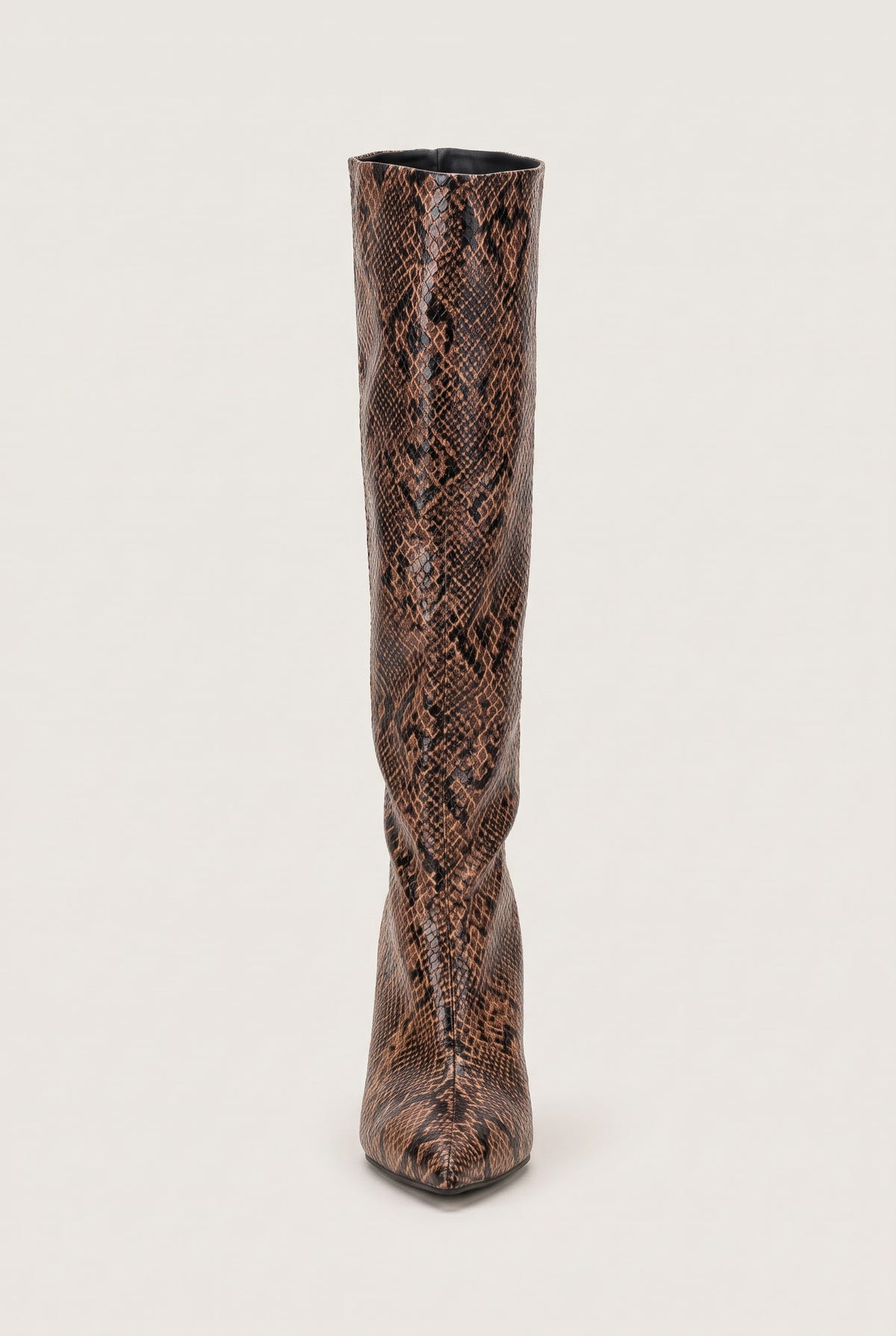 Brown snake print knee-high boot in rear view showing the tall slim shaft and narrow heel
