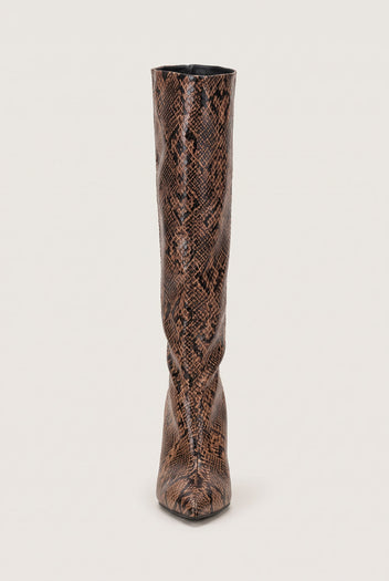 Brown snake print knee-high boot in rear view showing the tall slim shaft and narrow heel