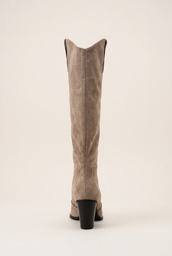 Back view of beige suede cowboy boot showing the notched V top edge and stacked heel