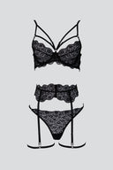 Lingerie Set with Lace and Garters - Black