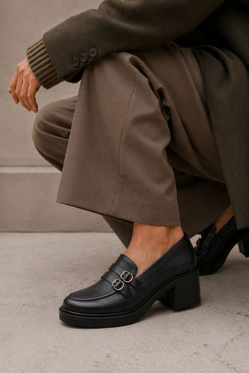 Block Heel Loafers Buckle Strap - Black Matte-Block Heel Loafers Buckle Strap - Black Matte