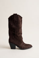 Single brown suede western boot with a pointed toe, stacked block heel and a pull tab at the back of the shaft