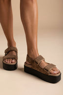 Suede Velcro Sandals - Taupe-Suede Velcro Sandals - Taupe