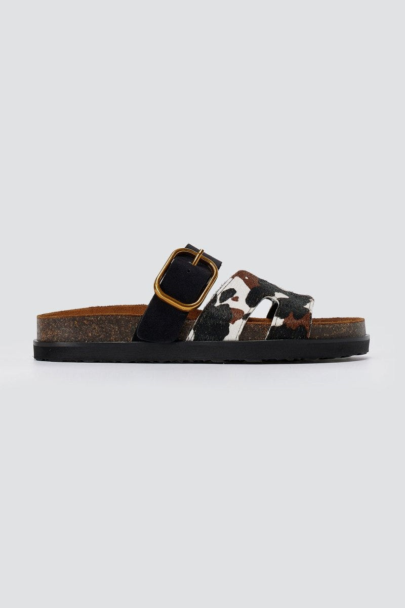 ATENEO - Animal Print Sandals Buckle Strap - Black Cow Pony