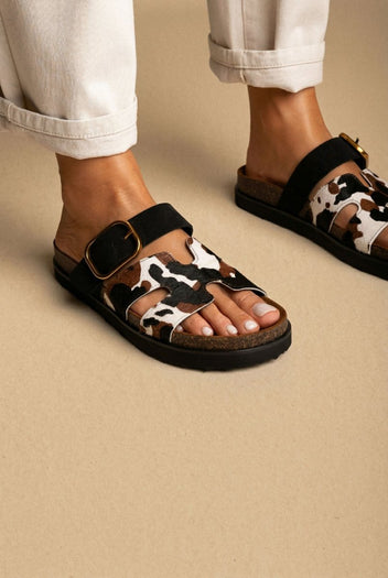 ATENEO - Animal Print Sandals Buckle Strap - Black Cow Pony
