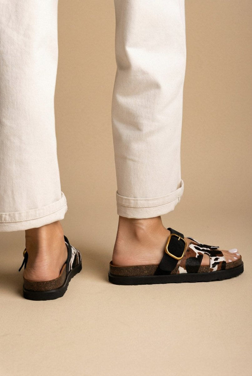 ATENEO - Animal Print Sandals Buckle Strap - Black Cow Pony