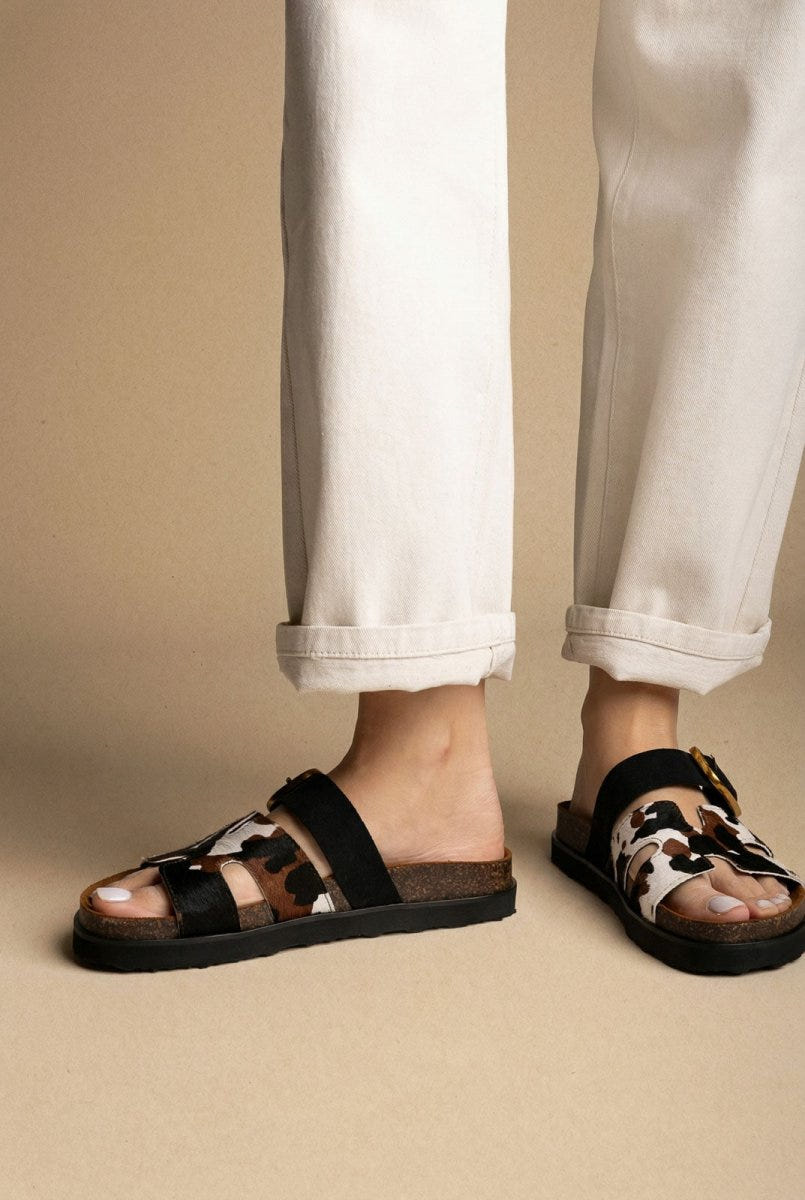 ATENEO - Animal Print Sandals Buckle Strap - Black Cow Pony