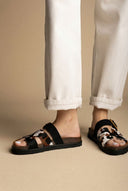 ATENEO - Animal Print Sandals Buckle Strap - Black Cow Pony