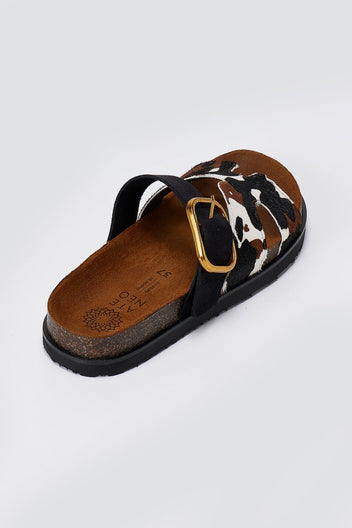 ATENEO - Animal Print Sandals Buckle Strap - Black Cow Pony