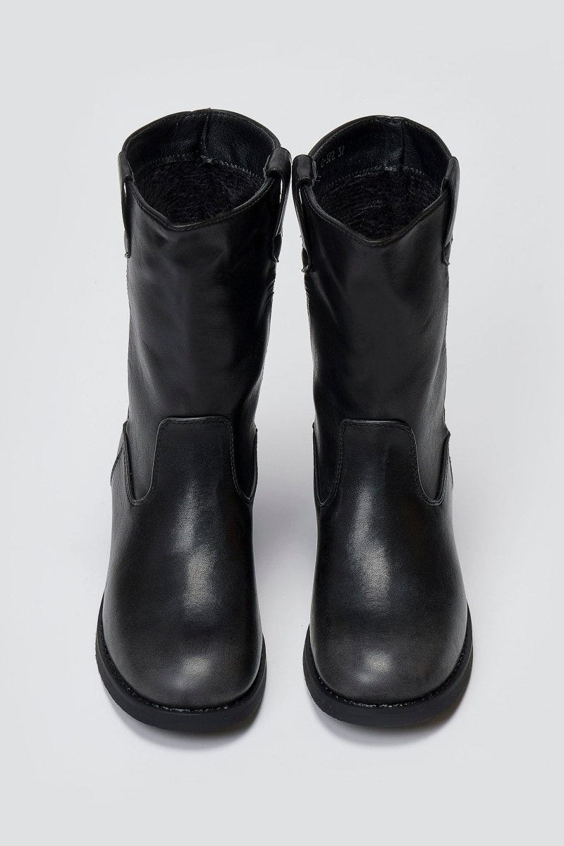 Black leather mid-calf boots with round toe and block heel, pair in top-down view on a light grey background